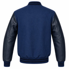 Indigo wool letterman jacket with navy blue cowhide sleeves, back view