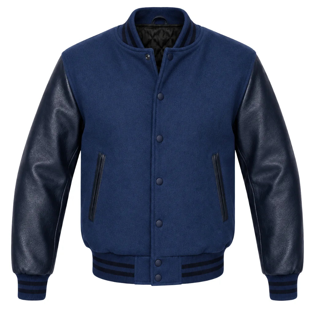 Indigo melton wool letterman jacket with navy blue leather sleeves, front view