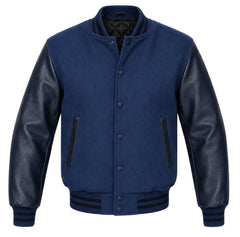 Indigo melton wool letterman jacket with navy blue leather sleeves, front view