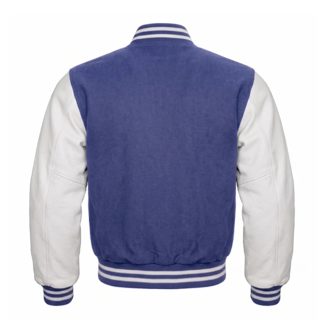 Indigo and White Varsity Jacket with Wool Body and Leather Sleeves Back Side