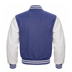 Indigo and White Varsity Jacket with Wool Body and Leather Sleeves Back Side