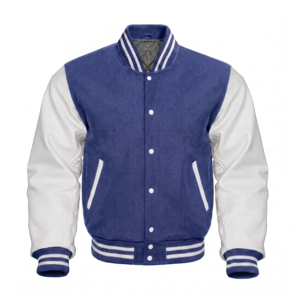 Indigo and White Varsity Jacket with Wool Body and Leather Sleeves