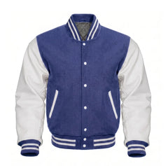 Indigo and White Varsity Jacket with Wool Body and Leather Sleeves