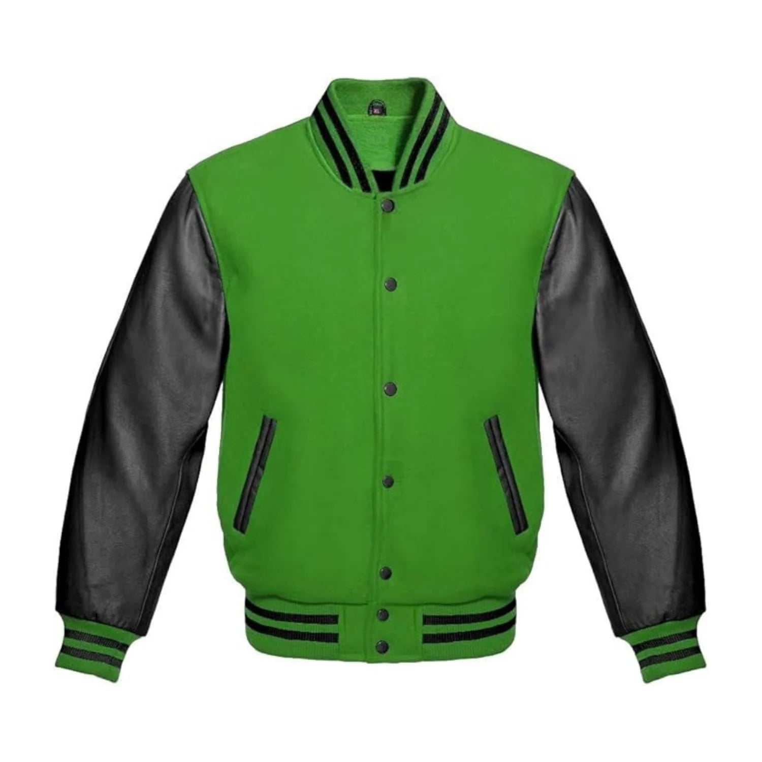 Kelly Green Wool and Black Leather Varsity Jacket