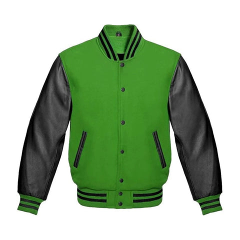 Kelly Green Wool and Black Leather Varsity Jacket