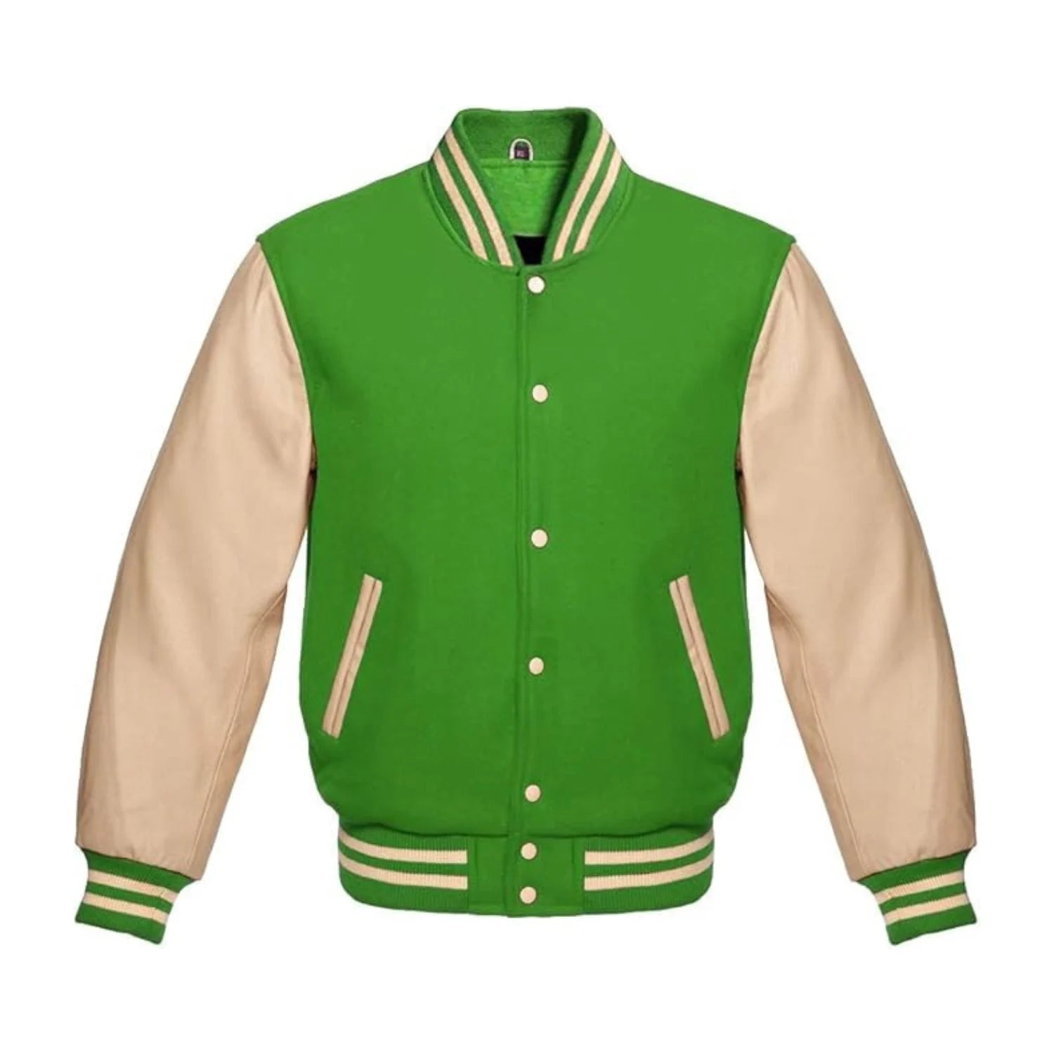 Kelly Green Wool and Cream Leather Varsity Jacket