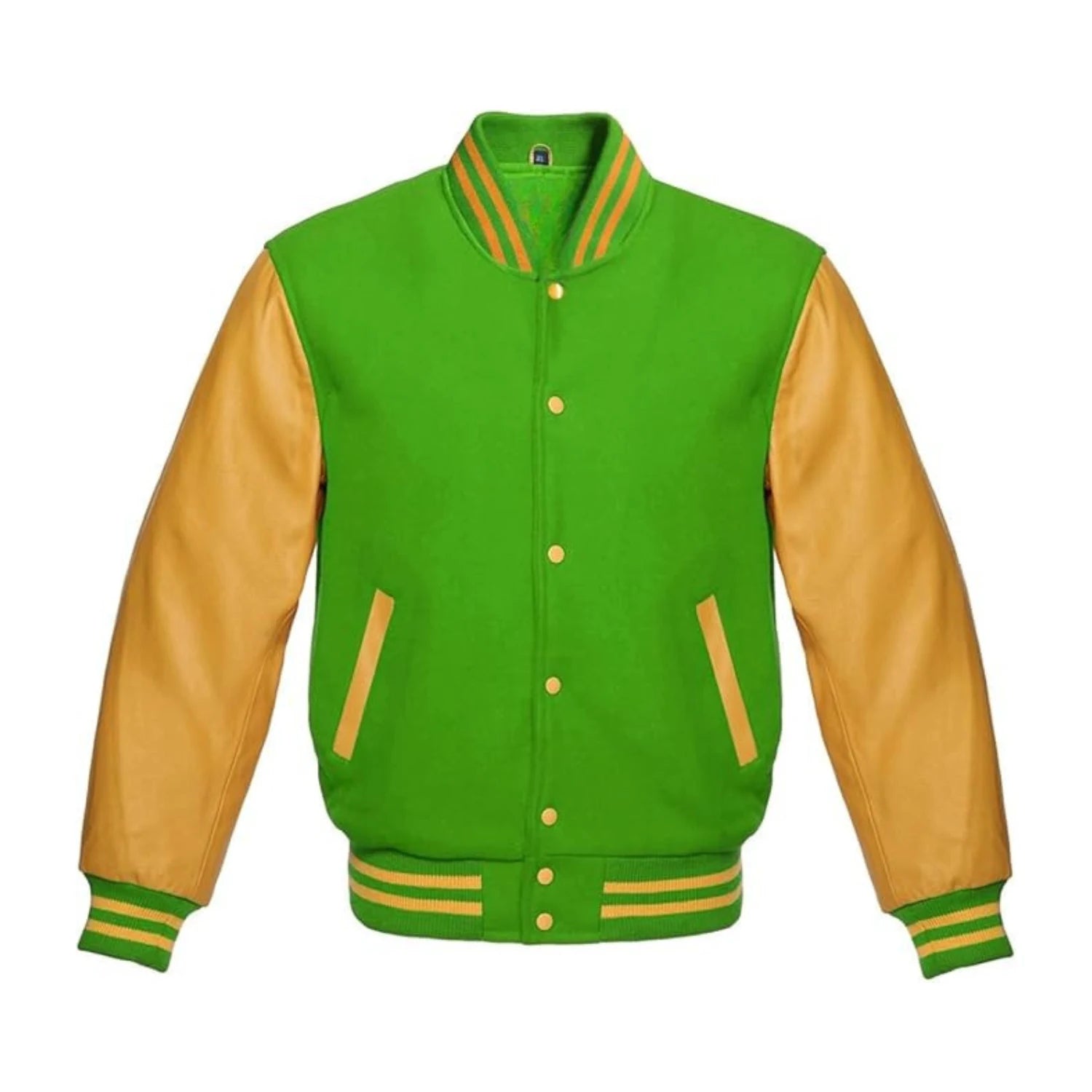 Kelly Green Wool and Gold Leather Varsity Jacket