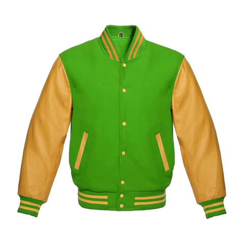 Kelly Green Wool and Gold Leather Varsity Jacket