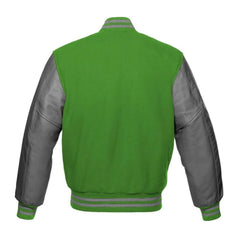 Kelly Green and Grey Varsity Jacket with Wool Body and Leather Sleeves Back Side
