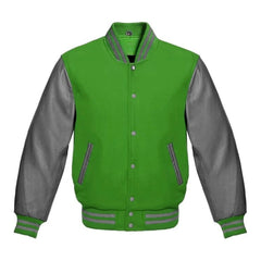 Kelly Green and Grey Varsity Jacket with Wool Body and Leather Sleeves