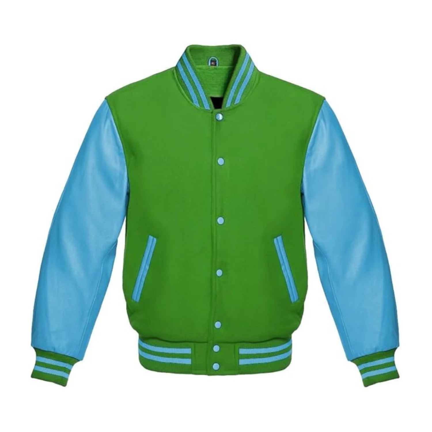 Kelly Green Wool and Sky Leather Varsity Jacket