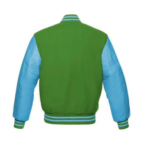 Kelly Green Wool and Sky Leather Varsity Jacket Back Side