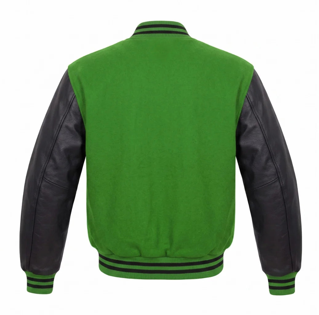 Kelly Green and Black Varsity Jacket with Wool Body and Leather Sleeves Back View