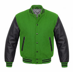 Kelly Green and Black Varsity Jacket with Wool Body and Leather Sleeves