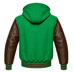 Kelly Green and Brown Varsity Jacket with Hood