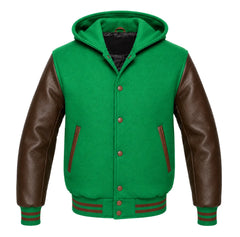 Kelly Green and Brown Varsity Jacket with Hood