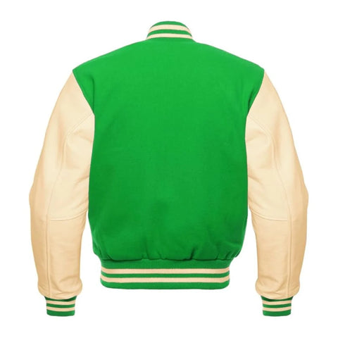 Kelly Green and Cream Varsity Jacket with Wool Body and Leather Sleeves Back Side