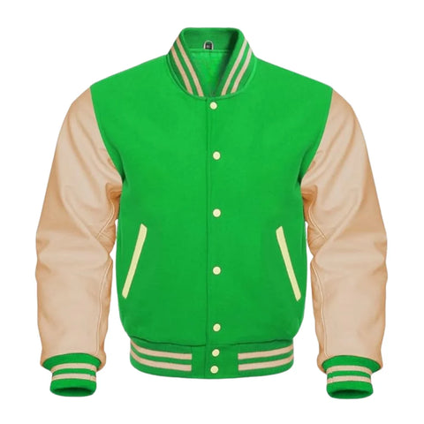 Kelly Green and Cream Varsity Jacket with Wool Body and Leather Sleeves