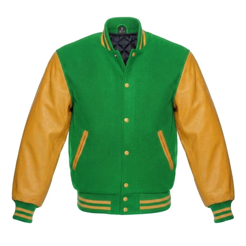 Kelly Green and Gold Varsity Jacket with Wool Body and Leather Sleeves
