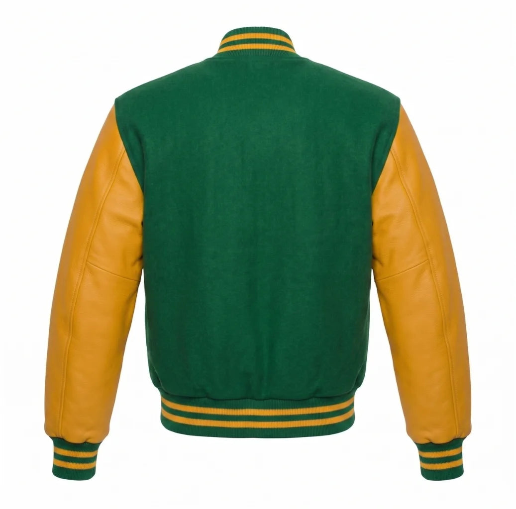 Kelly Green and Gold Varsity Jacket with Wool Body and Leather Sleeves Back View