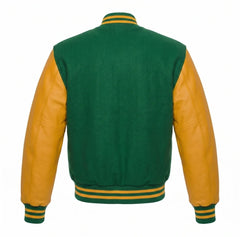 Kelly Green and Gold Varsity Jacket with Wool Body and Leather Sleeves Back View