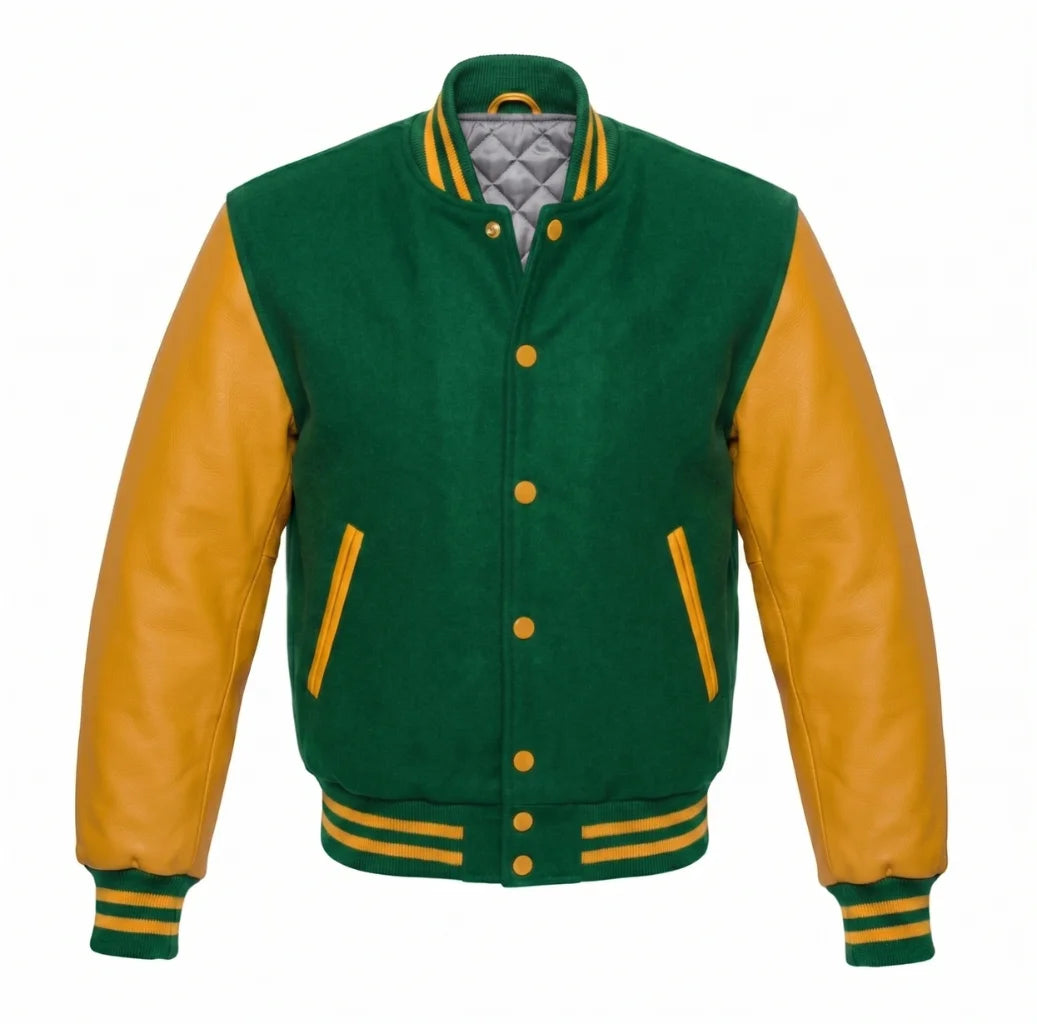 Kelly Green and Gold Varsity Jacket with Wool Body and Leather Sleeves