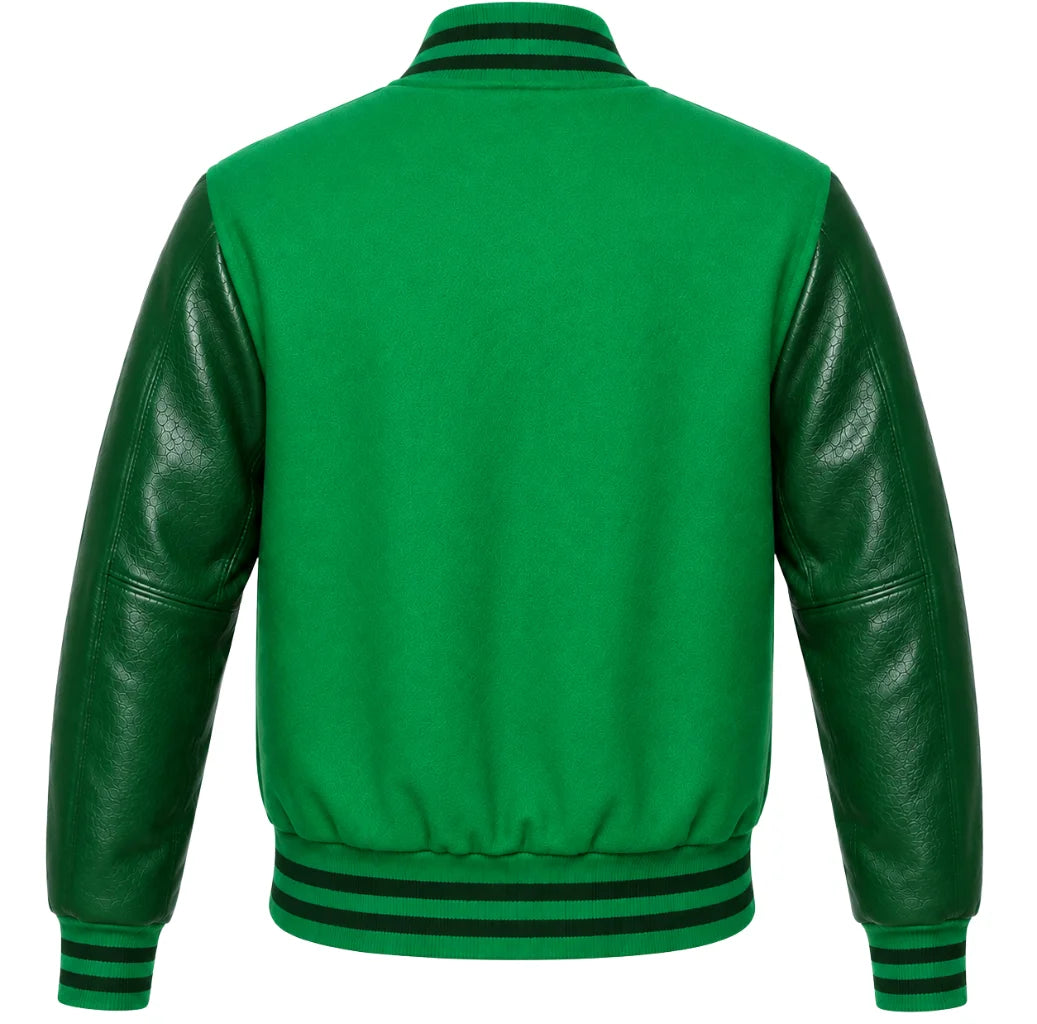 Kelly green wool varsity jacket with green cowhide sleeves, back view