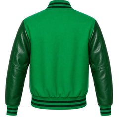 Kelly green wool varsity jacket with green cowhide sleeves, back view