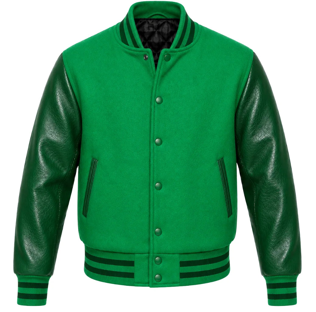 Kelly green melton wool varsity jacket with deeper green leather sleeves, front view