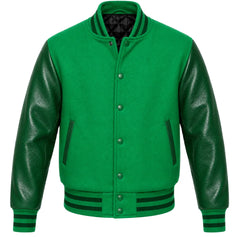 Kelly green melton wool varsity jacket with deeper green leather sleeves, front view