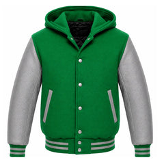 Kelly Green and Grey Hooded Letterman Jacket
