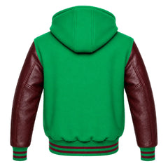 Kelly Green and Maroon Varsity Jacket with Hood