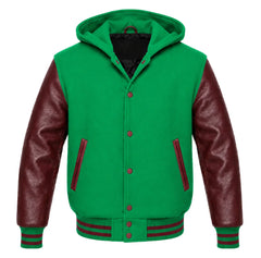 Kelly Green and Maroon Varsity Jacket with Hood