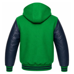 Kelly Green and Navy Blue Letterman Jacket with Hood