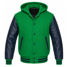Kelly Green and Navy Blue Letterman Jacket with Hood