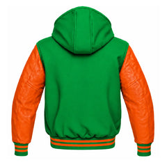Kelly Green and Orange Hooded Varsity Jacket