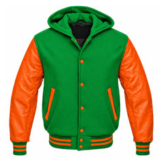 Kelly Green and Orange Hooded Varsity Jacket