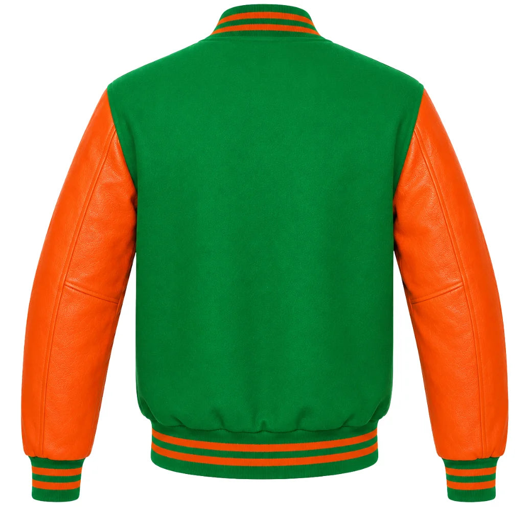 Kelly green wool varsity jacket with orange cowhide sleeves, back view