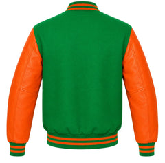 Kelly green wool varsity jacket with orange cowhide sleeves, back view
