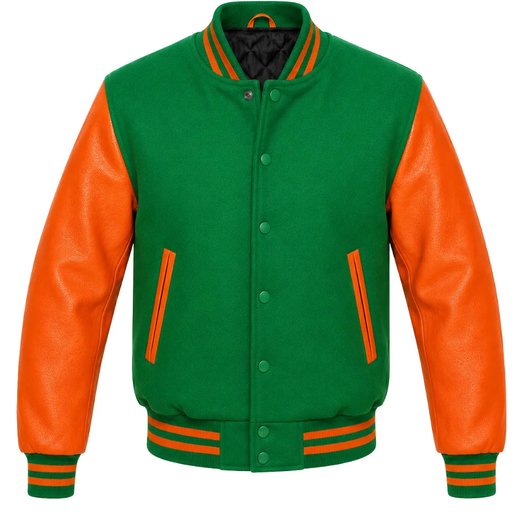 Kelly green melton wool varsity jacket with orange leather sleeves, front view
