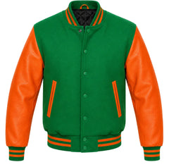 Kelly green melton wool varsity jacket with orange leather sleeves, front view