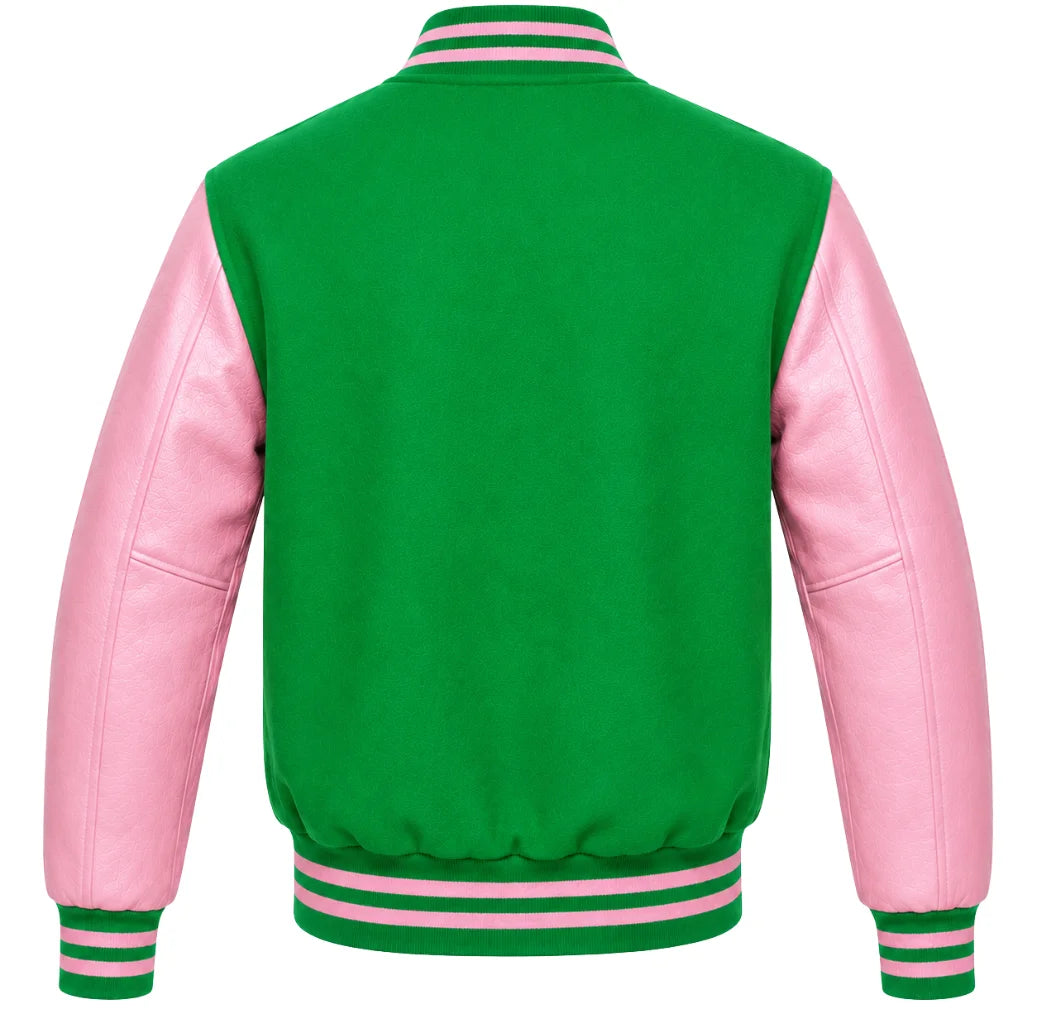 Kelly green wool letterman jacket with pink cowhide sleeves, back view
