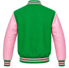 Kelly green wool letterman jacket with pink cowhide sleeves, back view
