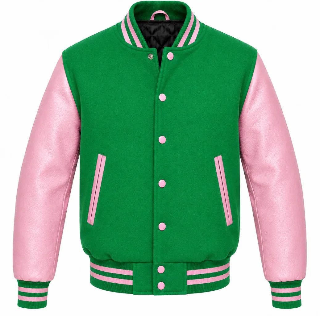 Kelly green melton wool letterman jacket with pink leather sleeves, front view
