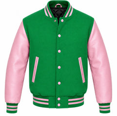 Kelly green melton wool letterman jacket with pink leather sleeves, front view