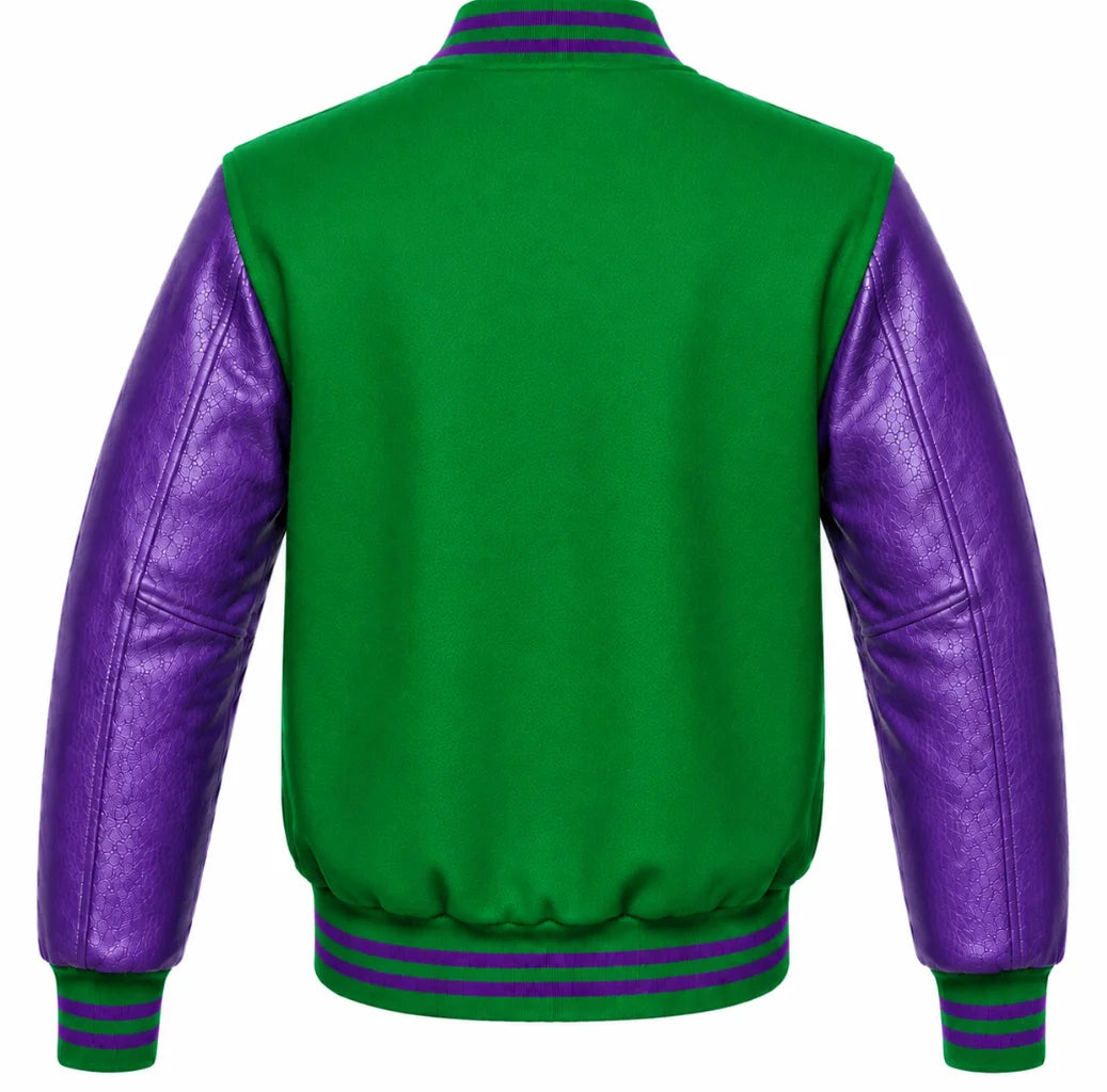 Kelly green wool letterman jacket with purple cowhide sleeves, back view