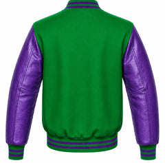 Kelly green wool letterman jacket with purple cowhide sleeves, back view