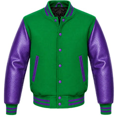 Kelly green melton wool letterman jacket with purple leather sleeves, front view
