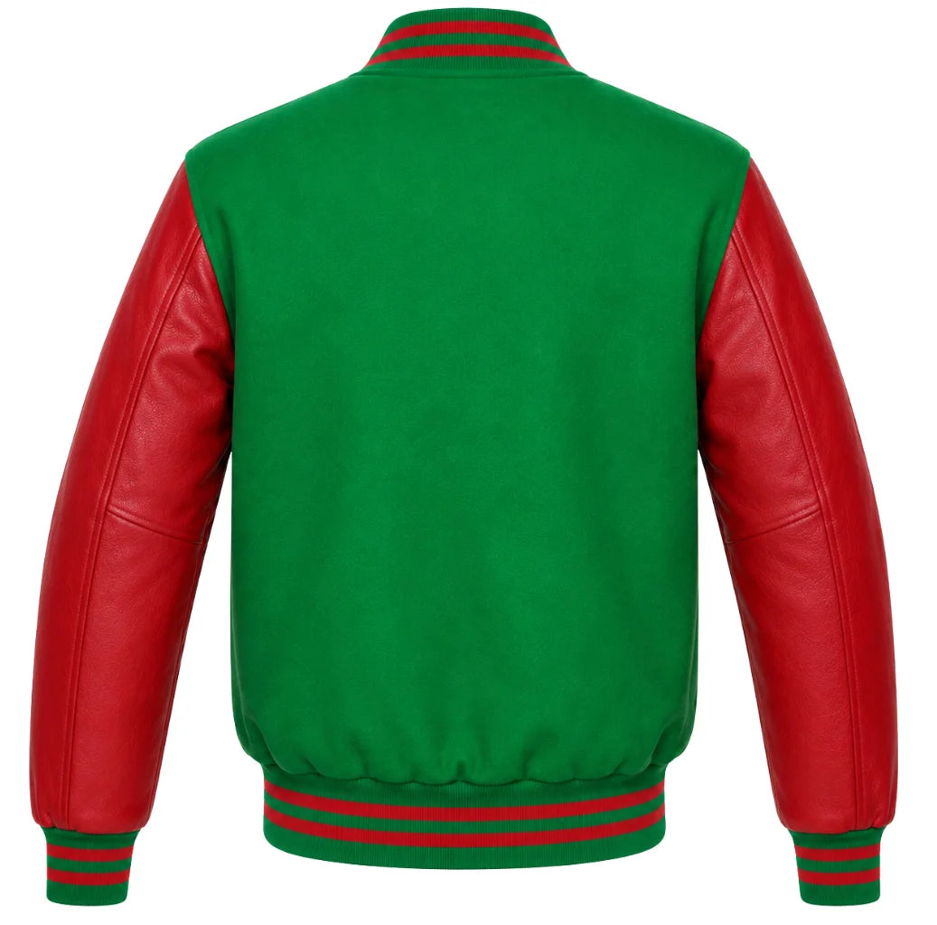 Kelly green wool varsity jacket with red cowhide sleeves, back view