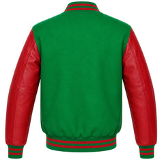 Kelly green wool varsity jacket with red cowhide sleeves, back view